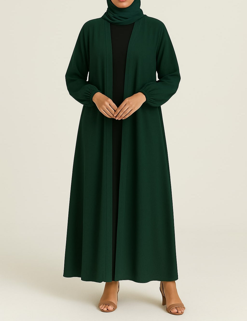 Evergreen Allure – Green Kimono Abaya(Black Inner)
