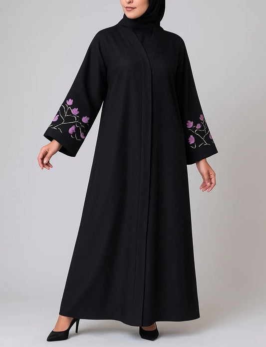 Lavender Grace – Premium Nida Abaya with Floral Embroidery