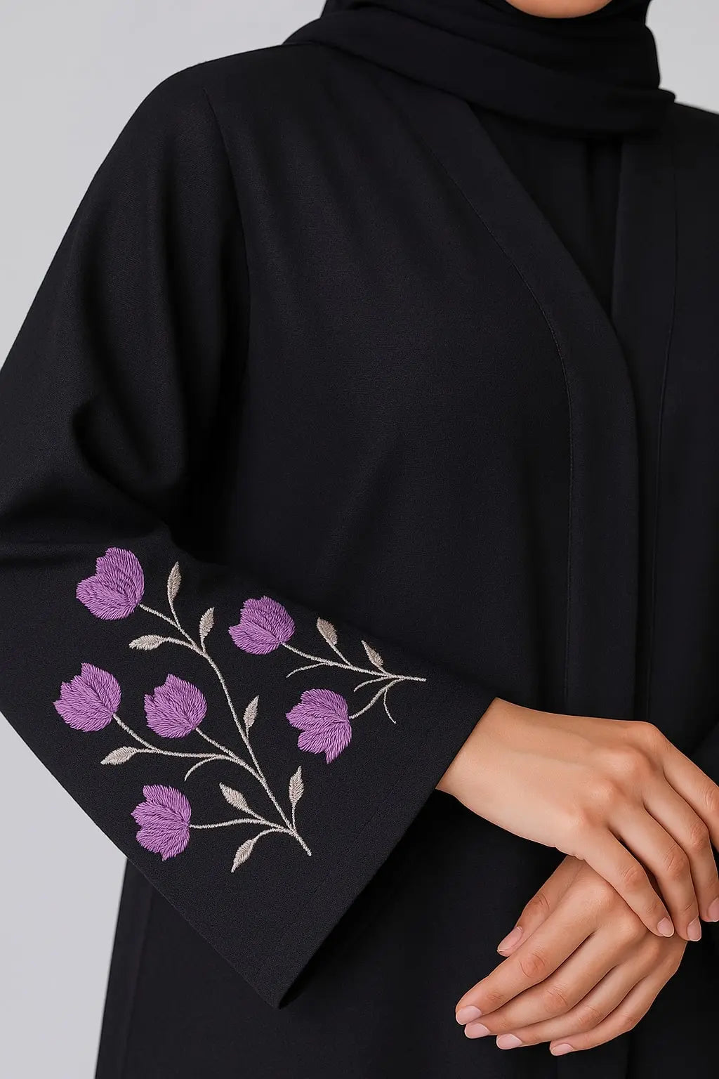 Lavender Grace – Premium Nida Abaya with Floral Embroidery