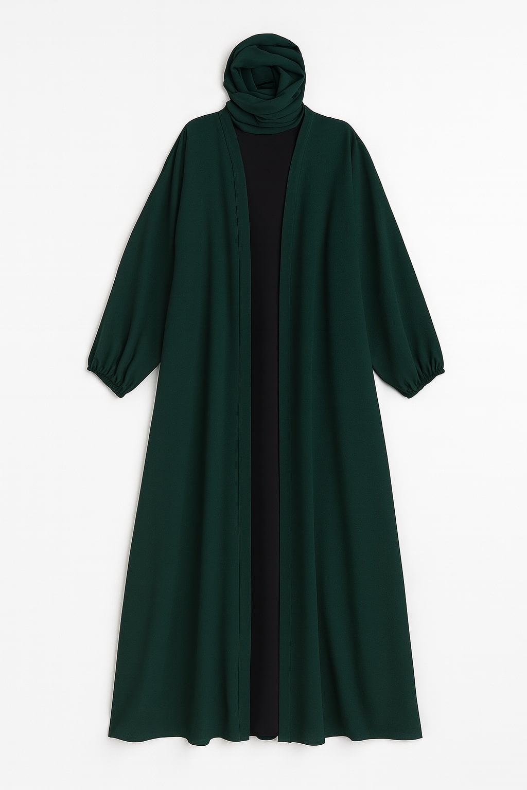 Evergreen Allure – Green Kimono Abaya(Black Inner)