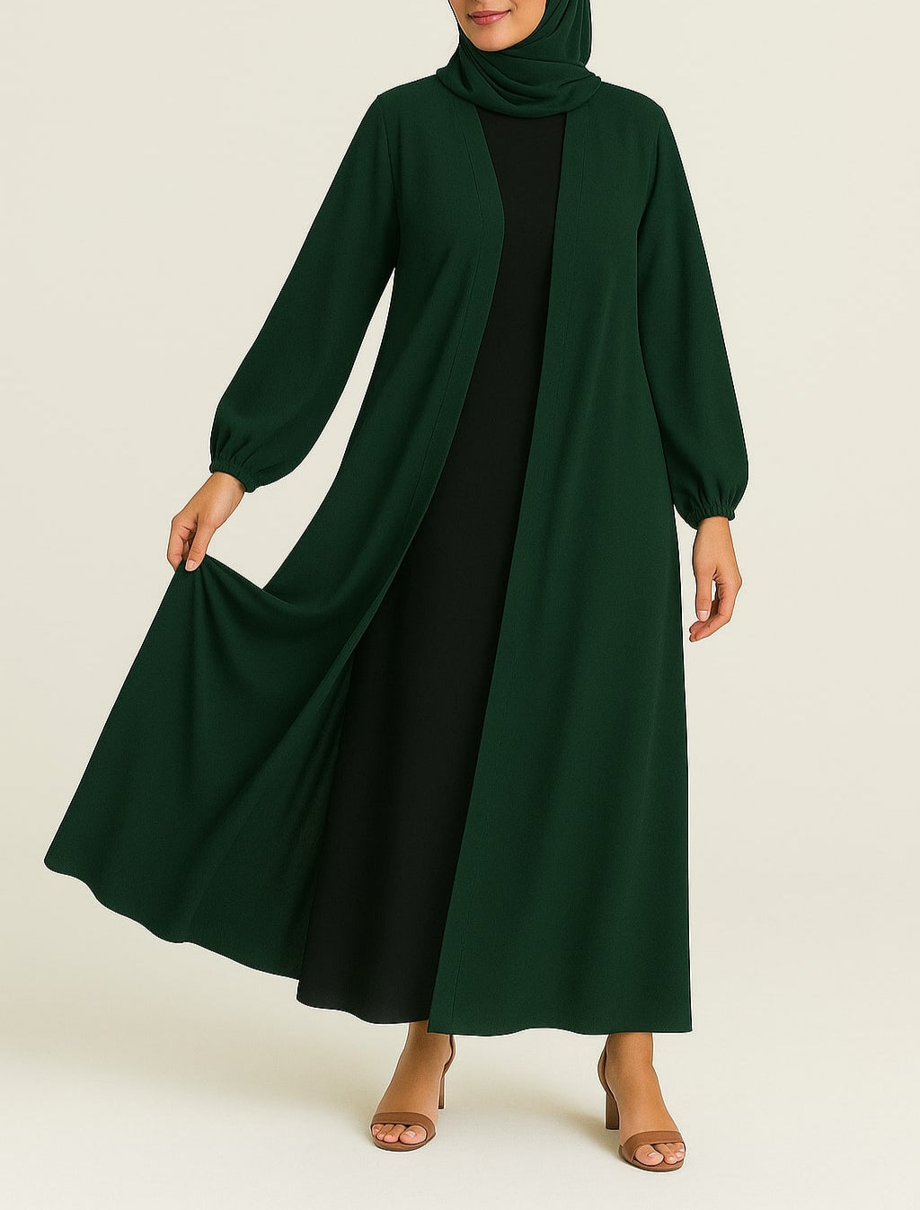 Evergreen Allure – Green Kimono Abaya(Black Inner)