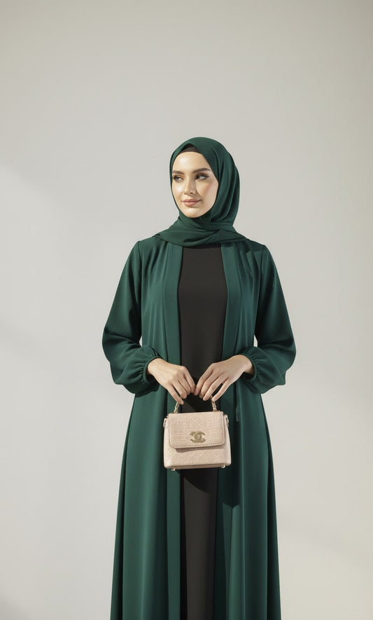 Evergreen Allure – Green Kimono Abaya(Black Inner)