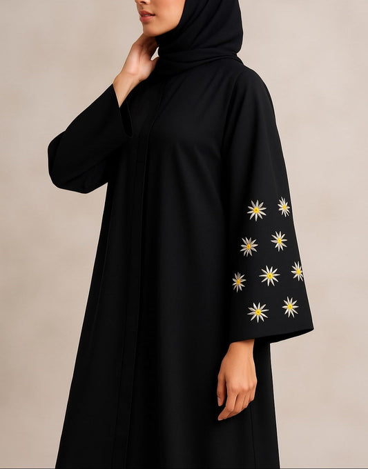 Midnight Bloom – Premium Nida Abaya with Daisy Embroidery