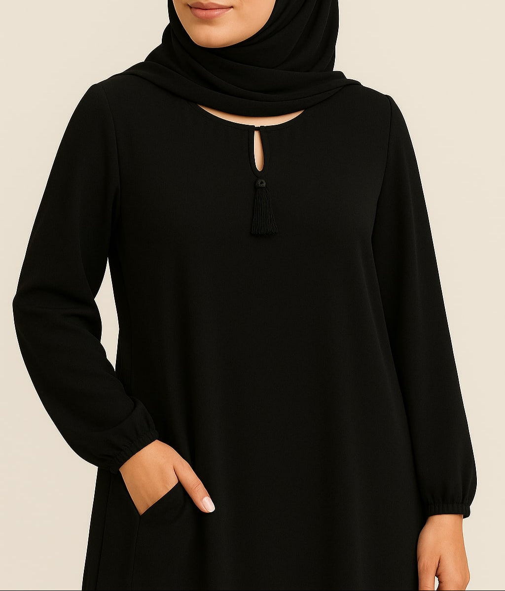 Noir Drape – Basic Black Abaya (With Pockets) Hicab