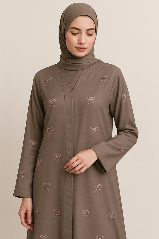 Blush Whisper - Taupe Bow Embroidered Abaya
