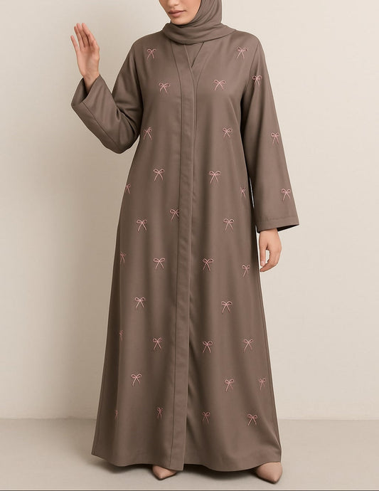 Blush Whisper - Taupe Bow Embroidered Abaya