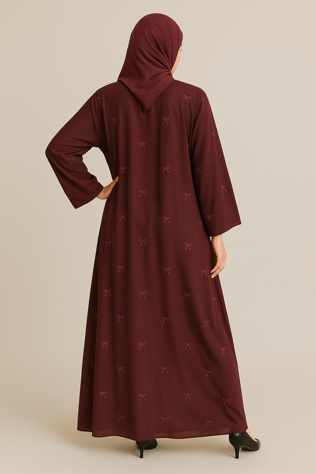 Crimson Dusk – Maroon Bow Abaya Hicab