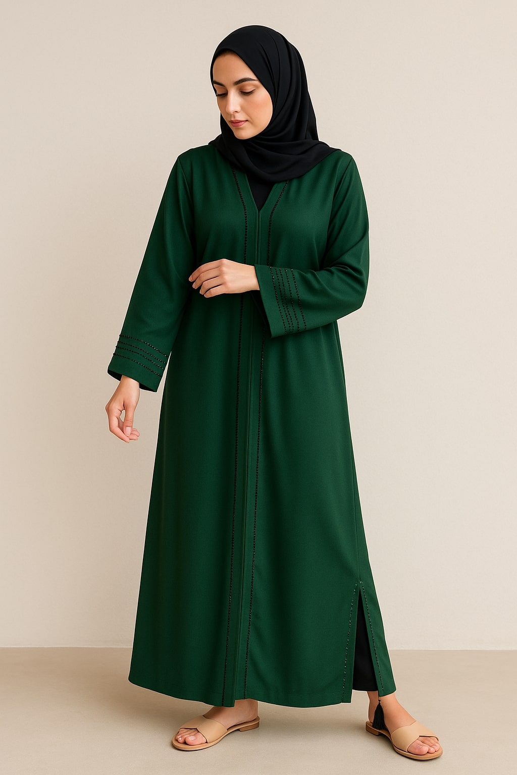 Emerald Serenity - Embellished Green Abaya Hicab