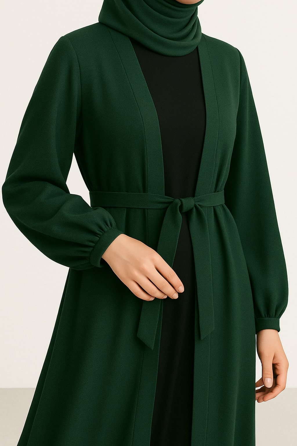Evergreen Allure – Green Kimono Abaya(Black Inner)
