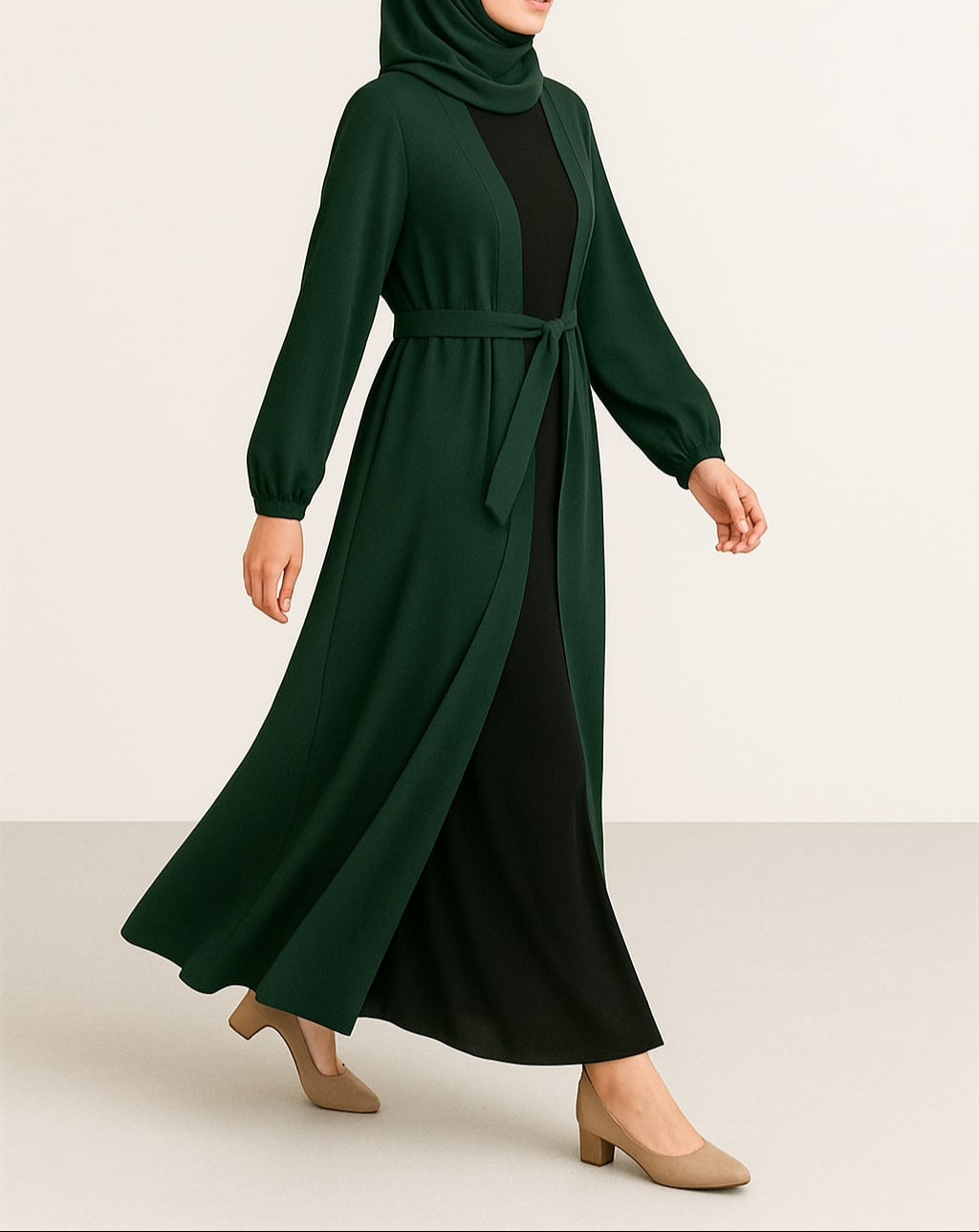 Evergreen Allure – Green Kimono Abaya(Black Inner)