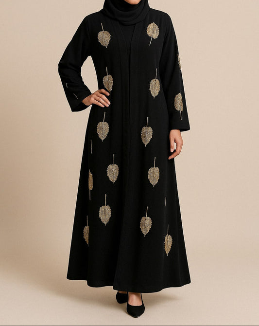 Noir Gleam – Black Abaya with Golden Leaf Embroidery Hicab