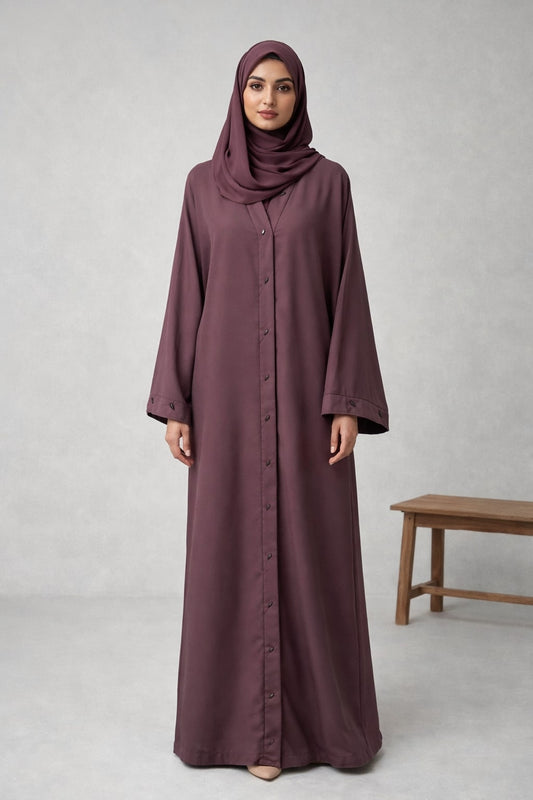 VELMORA – Buttoned Nida Abaya (Plum Mauve)