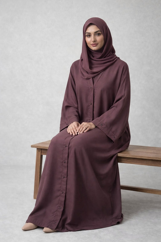 VELMORA – Buttoned Nida Abaya (Plum Mauve)