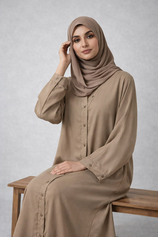 SAFIRA – Buttoned Nida Abaya (Warm Taupe)