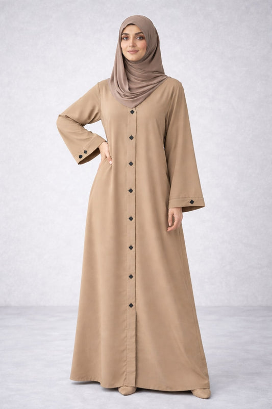 ELARA – Diamond Button Nida Abaya (Soft Caramel)