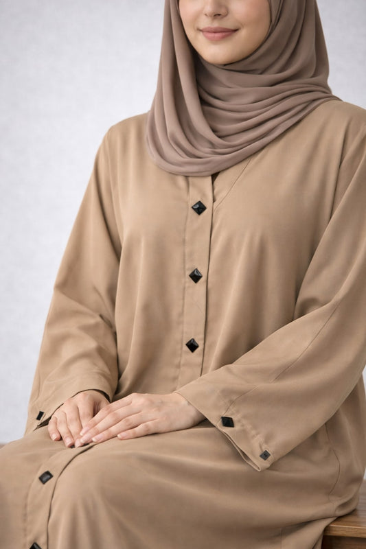 ELARA – Diamond Button Nida Abaya (Soft Caramel)