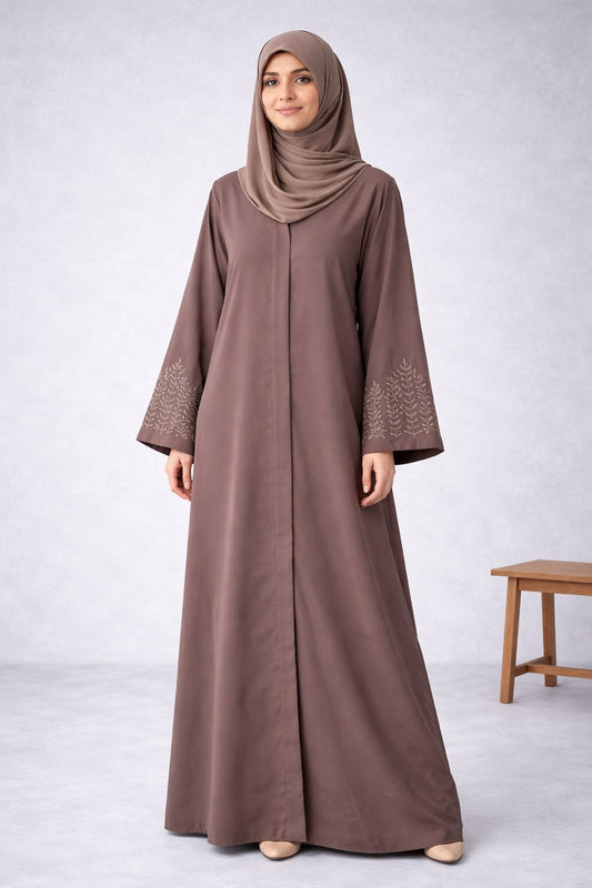 AYRA – Embroidered Sleeve Nida Abaya (Mocha Bloom)
