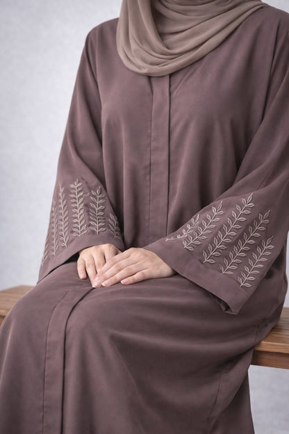 AYRA – Embroidered Sleeve Nida Abaya (Mocha Bloom)