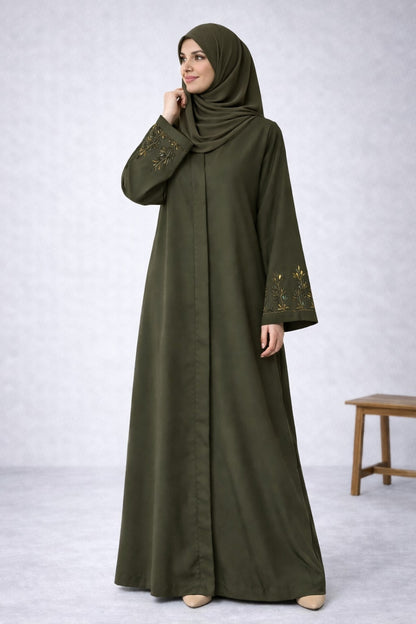 ZAYNA – Embroidered Sleeve Nida Abaya (Olive Grove)