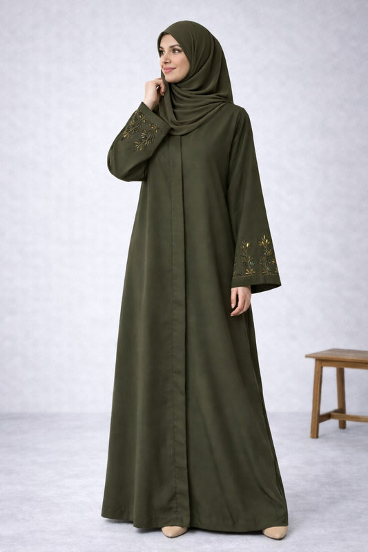 ZAYNA – Embroidered Sleeve Nida Abaya (Olive Grove)