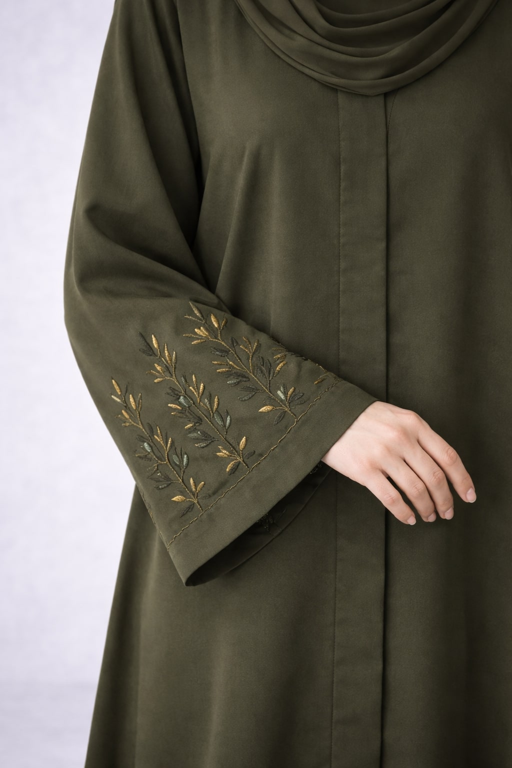 ZAYNA – Embroidered Sleeve Nida Abaya (Olive Grove)