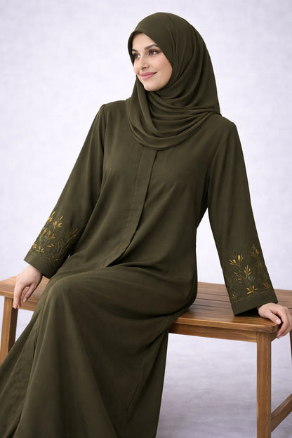 ZAYNA – Embroidered Sleeve Nida Abaya (Olive Grove)
