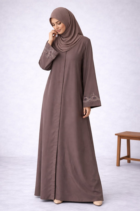 AYLIN – Embroidered Nida Abaya (Mocha Mist)