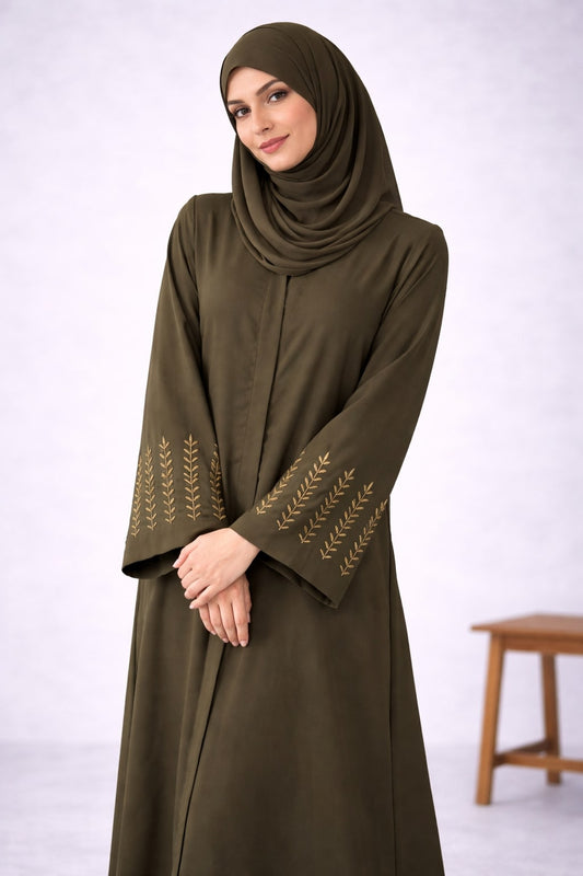 ZAYRA – Embroidered Nida Abaya (Olive Grove)