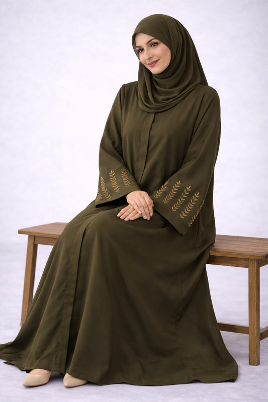 ZAYRA – Embroidered Nida Abaya (Olive Grove)