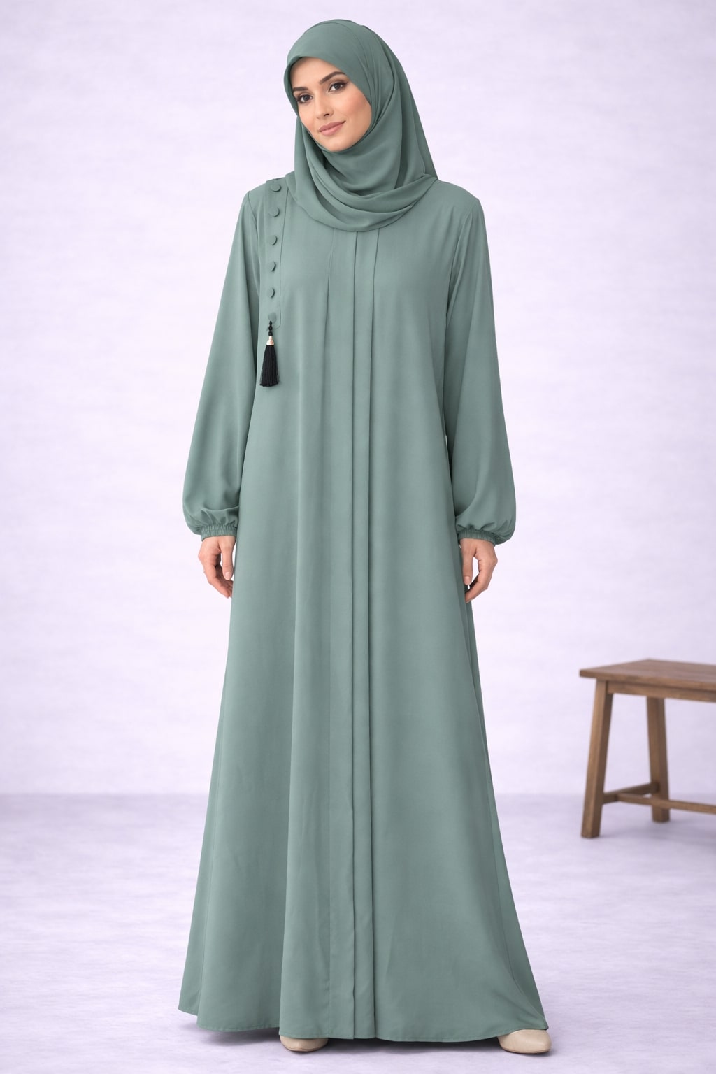 AYLA – Classic Pleated Nida Abaya (Mint Sage)