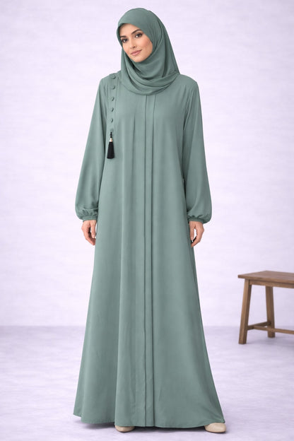 AYLA – Classic Pleated Nida Abaya (Mint Sage)