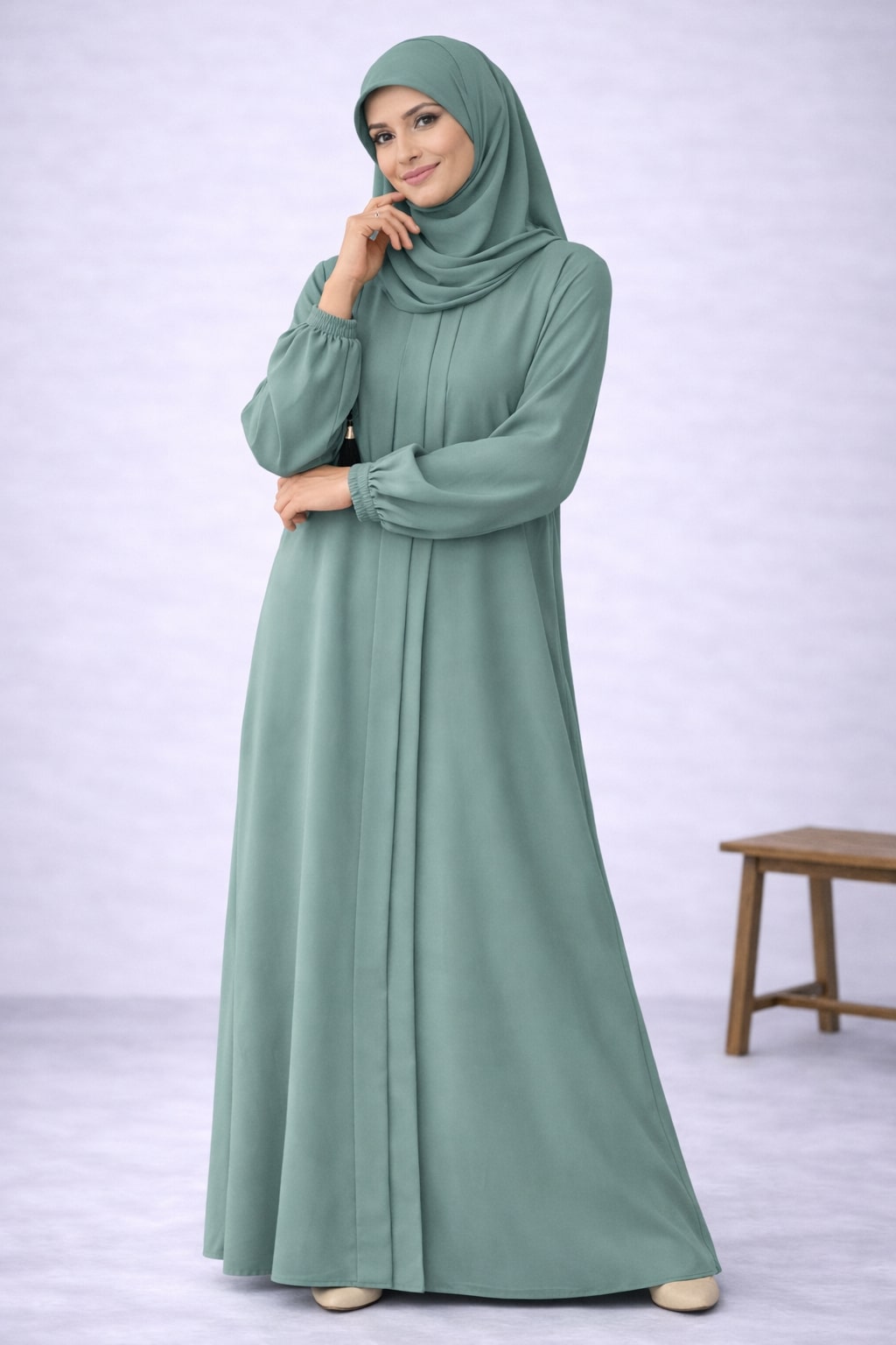 AYLA – Classic Pleated Nida Abaya (Mint Sage)