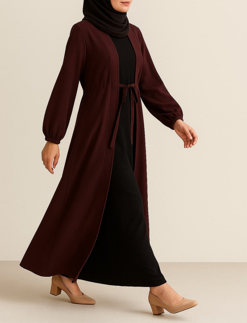 Carob Grace – Maroon Kimono Abaya(Black Inner)