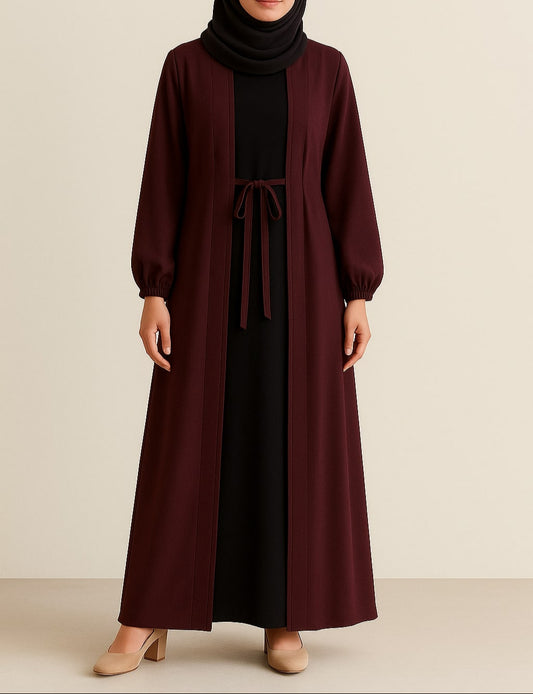 Carob Grace – Maroon Kimono Abaya(Black Inner)
