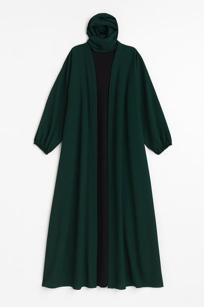 Evergreen Allure – Green Kimono Abaya(Black Inner)