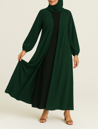 Evergreen Allure – Green Kimono Abaya(Black Inner)