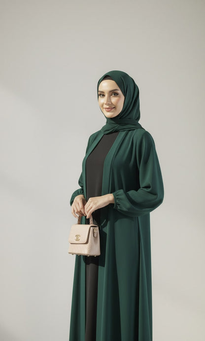 Evergreen Allure – Green Kimono Abaya(Black Inner)