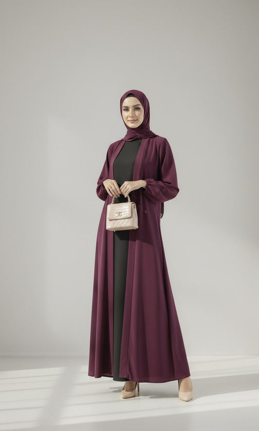 Carob Grace – Maroon Kimono Abaya(Black Inner)