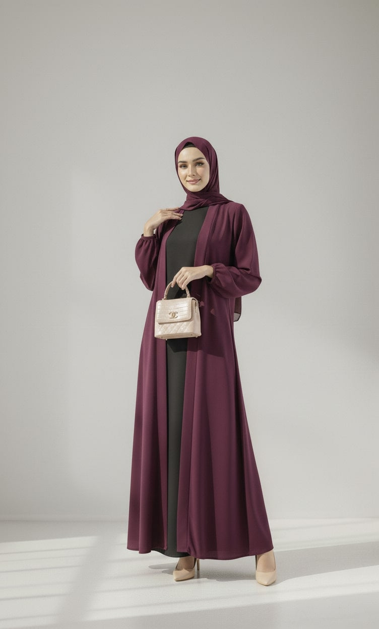 Carob Grace – Maroon Kimono Abaya(Black Inner)