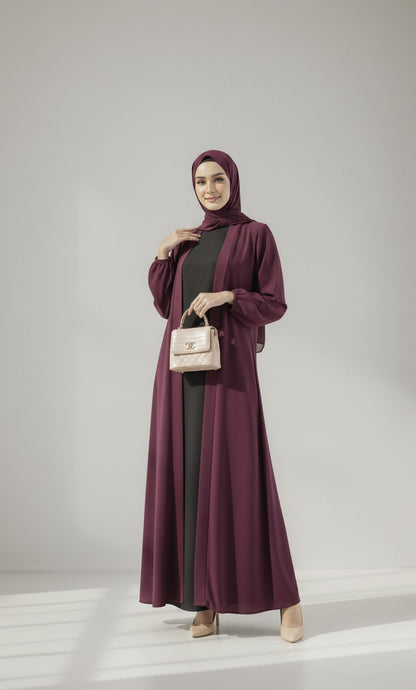 Carob Grace – Maroon Kimono Abaya(Black Inner)
