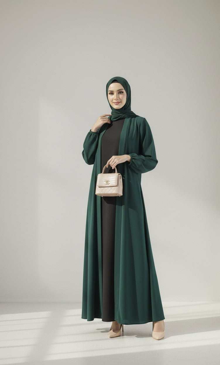 Evergreen Allure – Green Kimono Abaya(Black Inner)