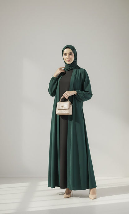 Evergreen Allure – Green Kimono Abaya(Black Inner)