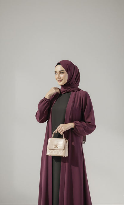 Carob Grace – Maroon Kimono Abaya(Black Inner)