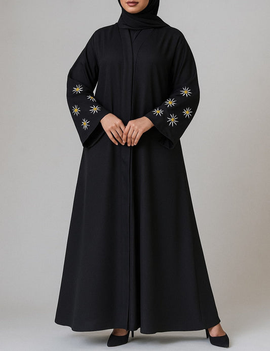 Midnight Bloom – Premium Nida Abaya with Daisy Embroidery