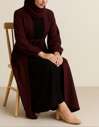 Carob Grace – Maroon Kimono Abaya(Black Inner)