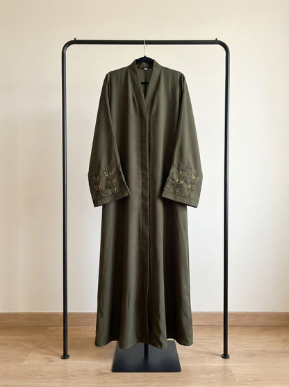 ZAYNA – Embroidered Sleeve Nida Abaya (Olive Grove)