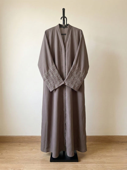 AYRA – Embroidered Sleeve Nida Abaya (Mocha Bloom)