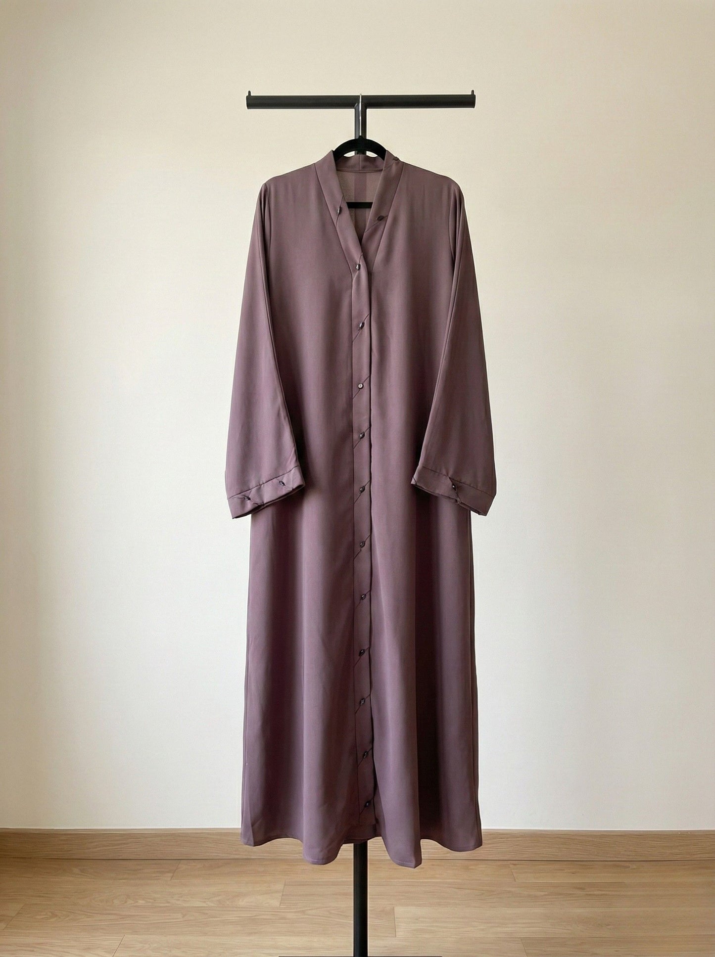 VELMORA – Buttoned Nida Abaya (Plum Mauve)