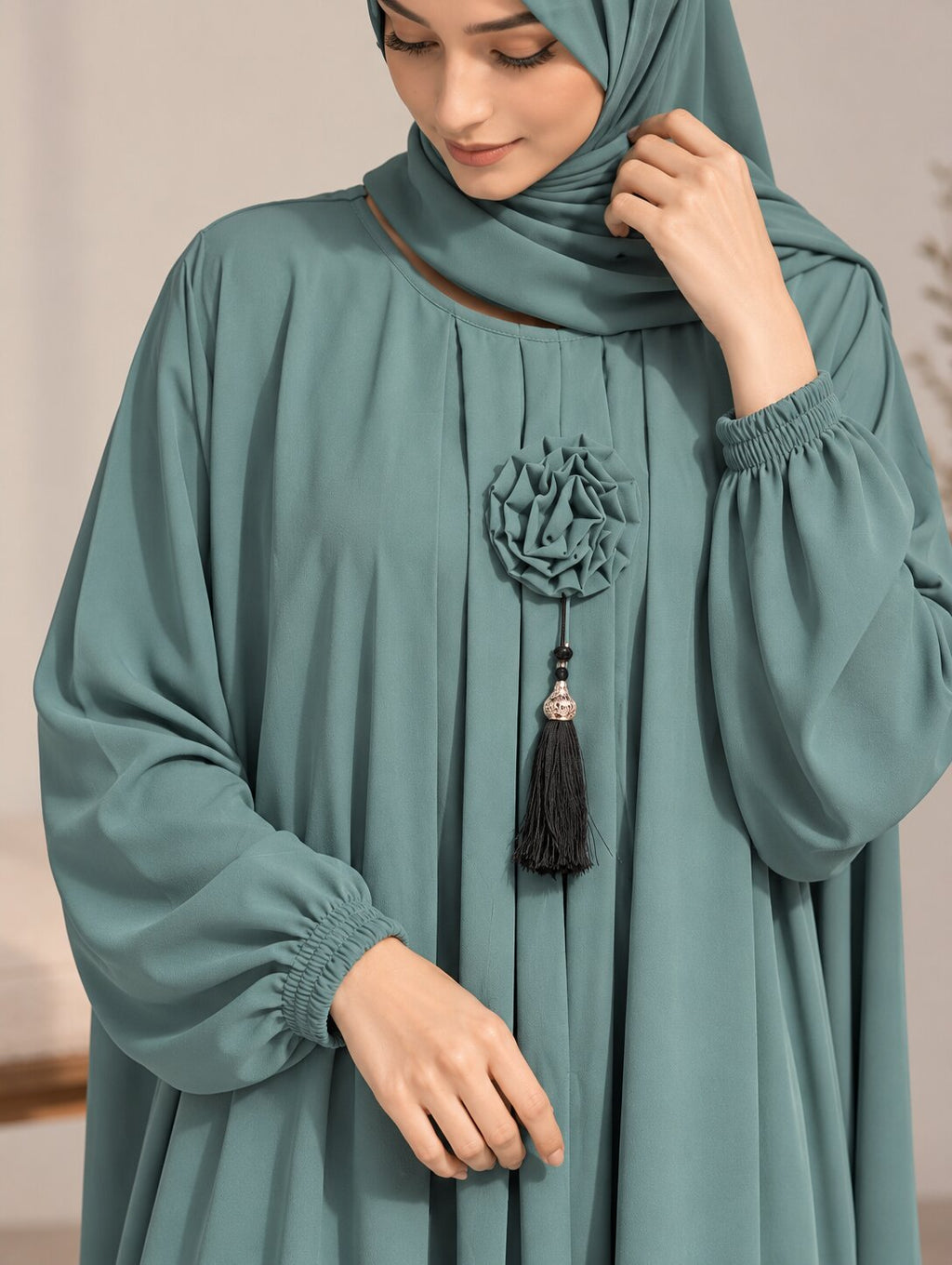 AYLA – Classic Pleated Nida Abaya (Mint Sage)