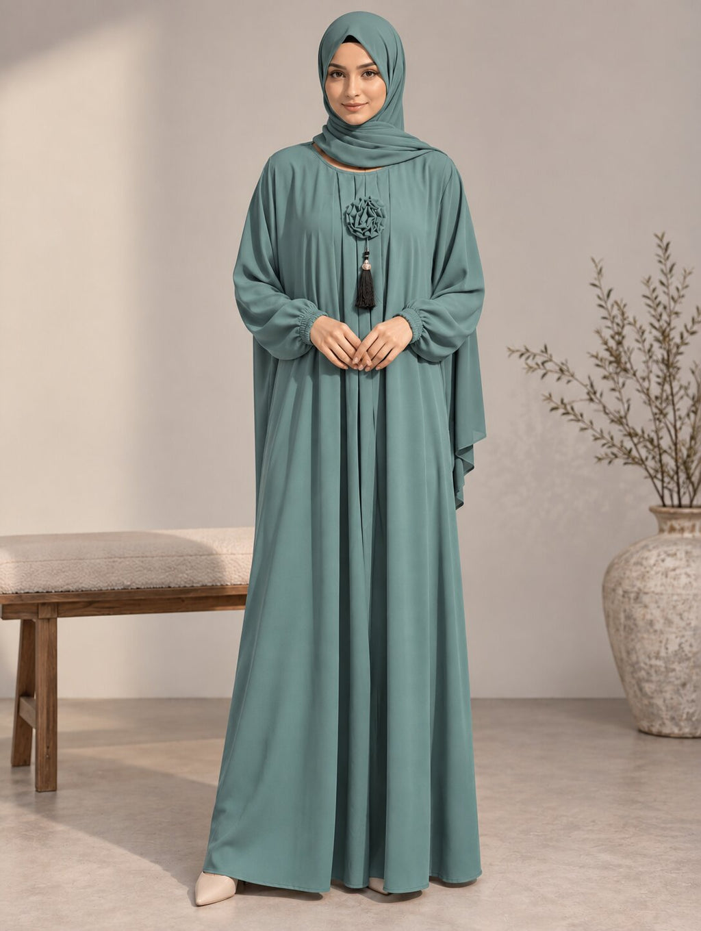 AYLA – Classic Pleated Nida Abaya (Mint Sage)